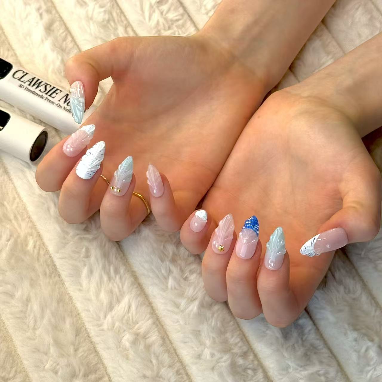 Aqua press-on nails – medium almond handmade nails by CLAWSIE with European delivery