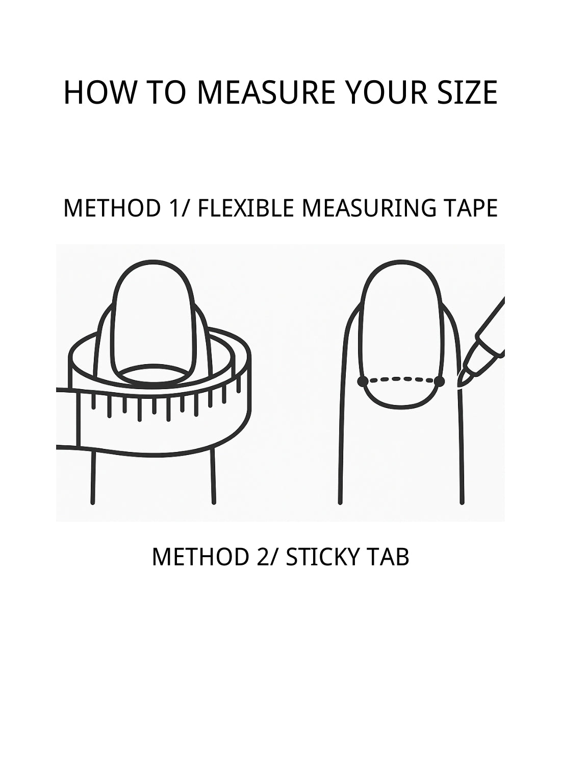 CLAWSIE Nails Size Guide-Instructions for measuring size using a flexible measuring tape and sticky tab
