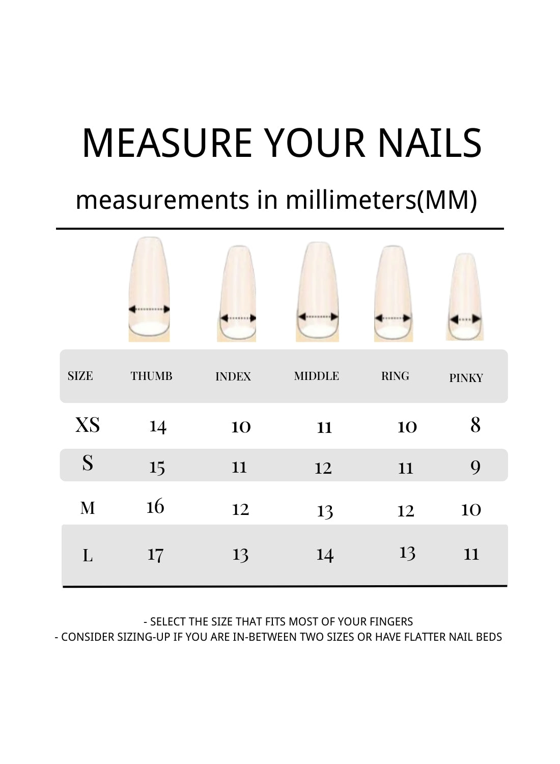 CLAWSIE Nails Size Guide list