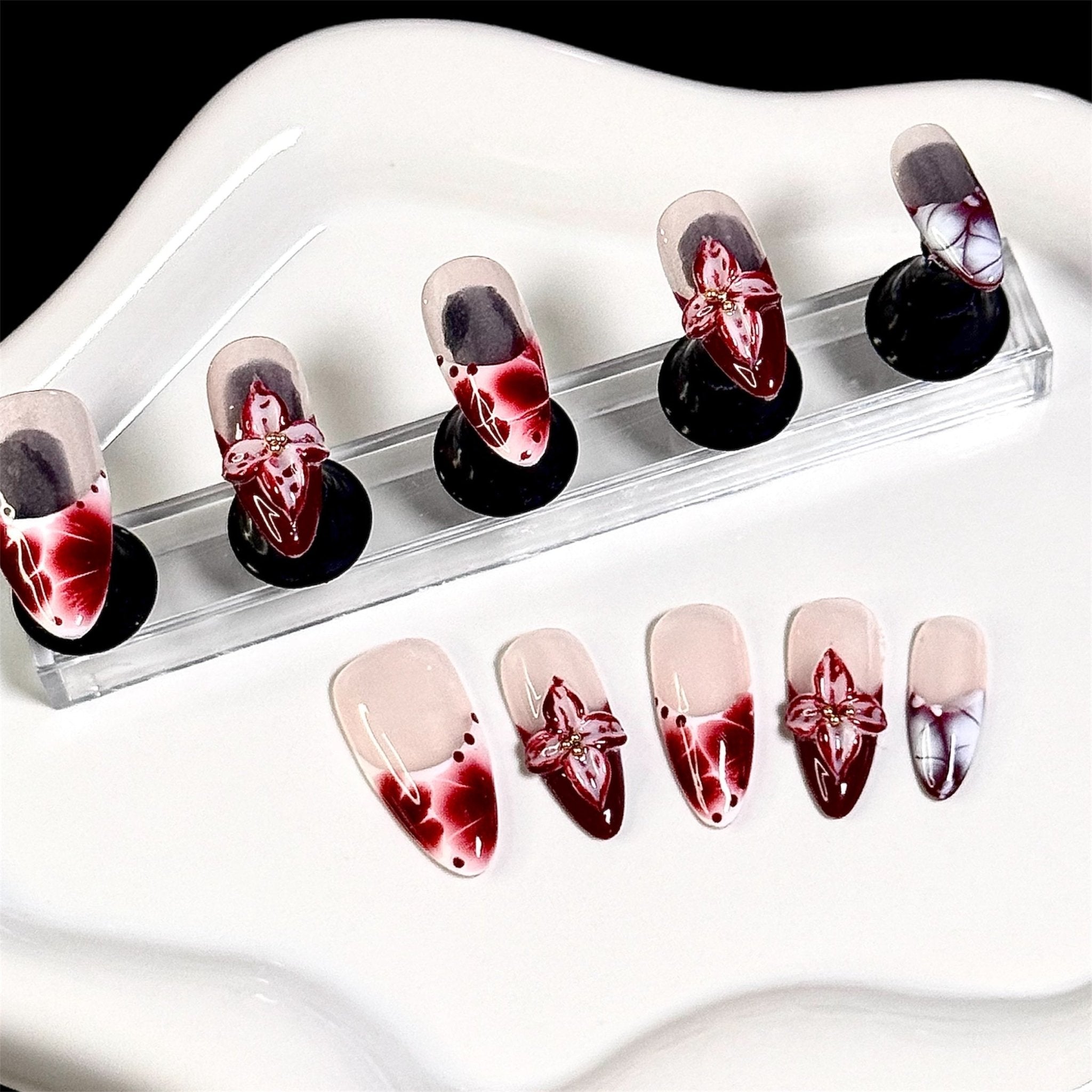3D Red Flowers - EX - 009 (Almond) | Press - on Nails by CLAWSIE
