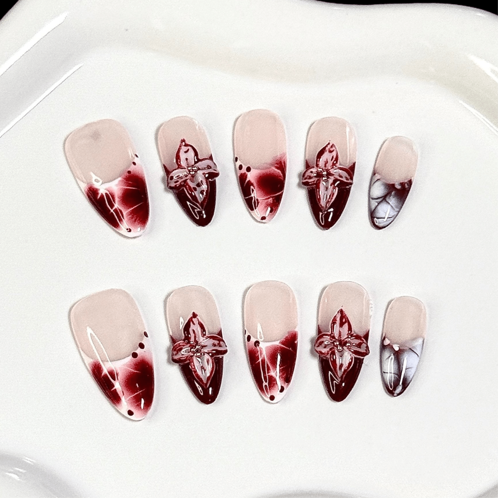 3D Red Flowers - EX - 009 (Almond) | Press - on Nails by CLAWSIE