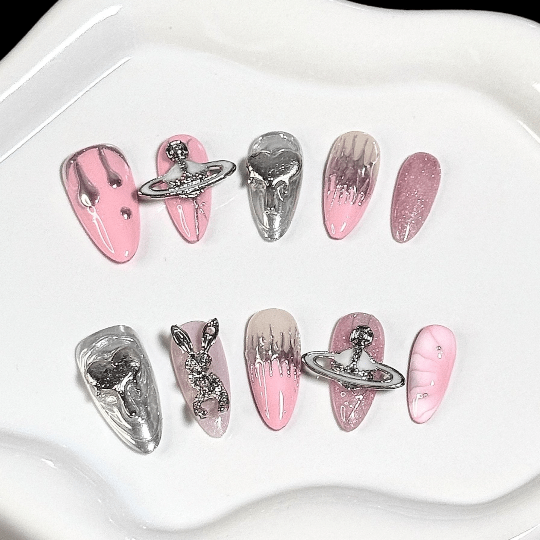 3DPink Silver Galaxy - DX2412 (Almond) | Press - on Nails by CLAWSIE