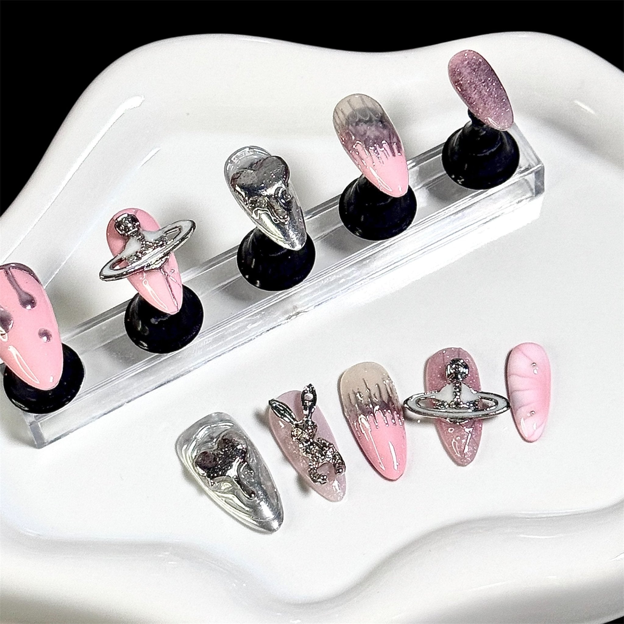 3DPink Silver Galaxy - DX2412 (Almond) | Press - on Nails by CLAWSIE