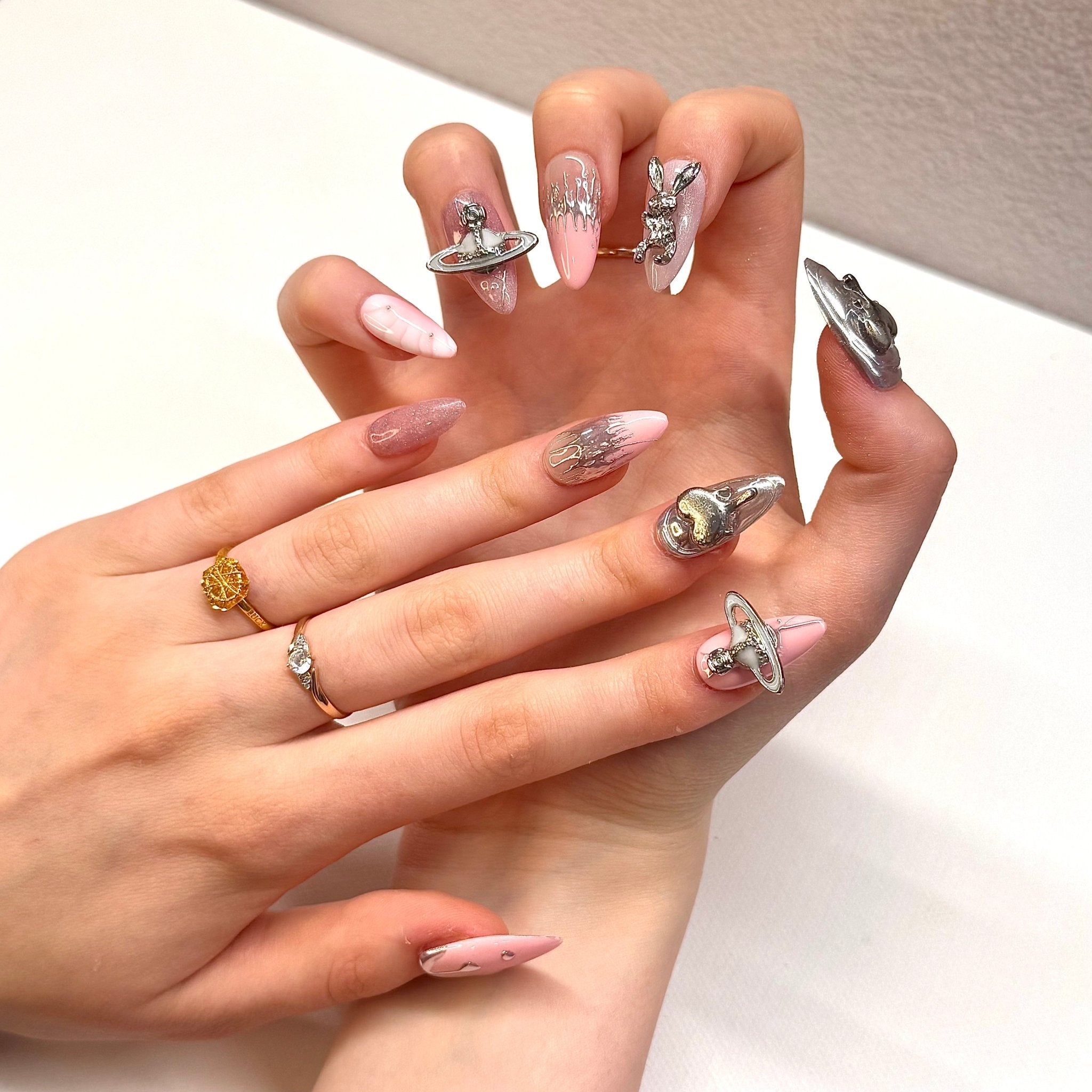 3DPink Silver Galaxy - DX2412 (Almond) | Press - on Nails by Clawsie