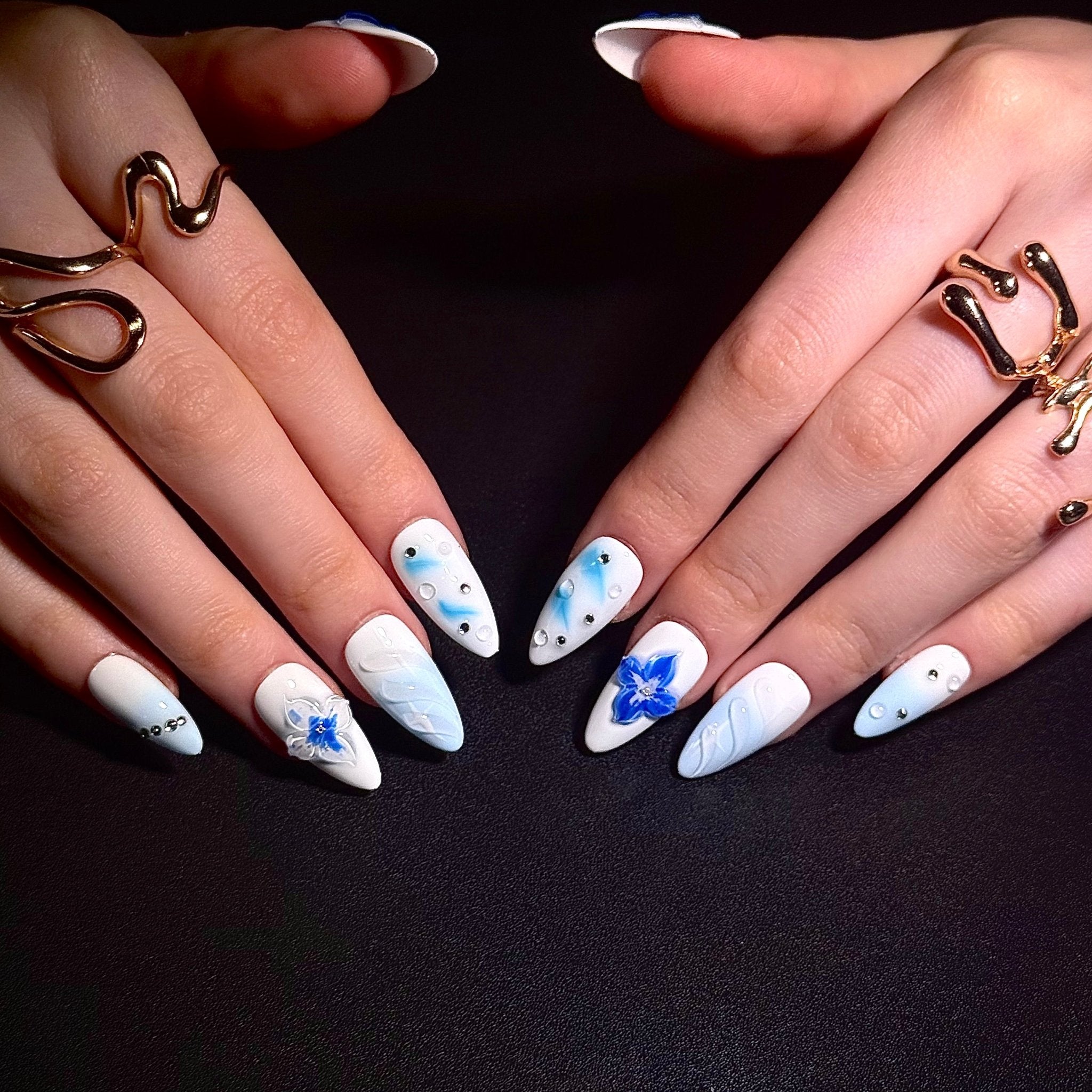 Azure Ocean Blossoms (Almond) | Press - on Nails by CLAWSIE