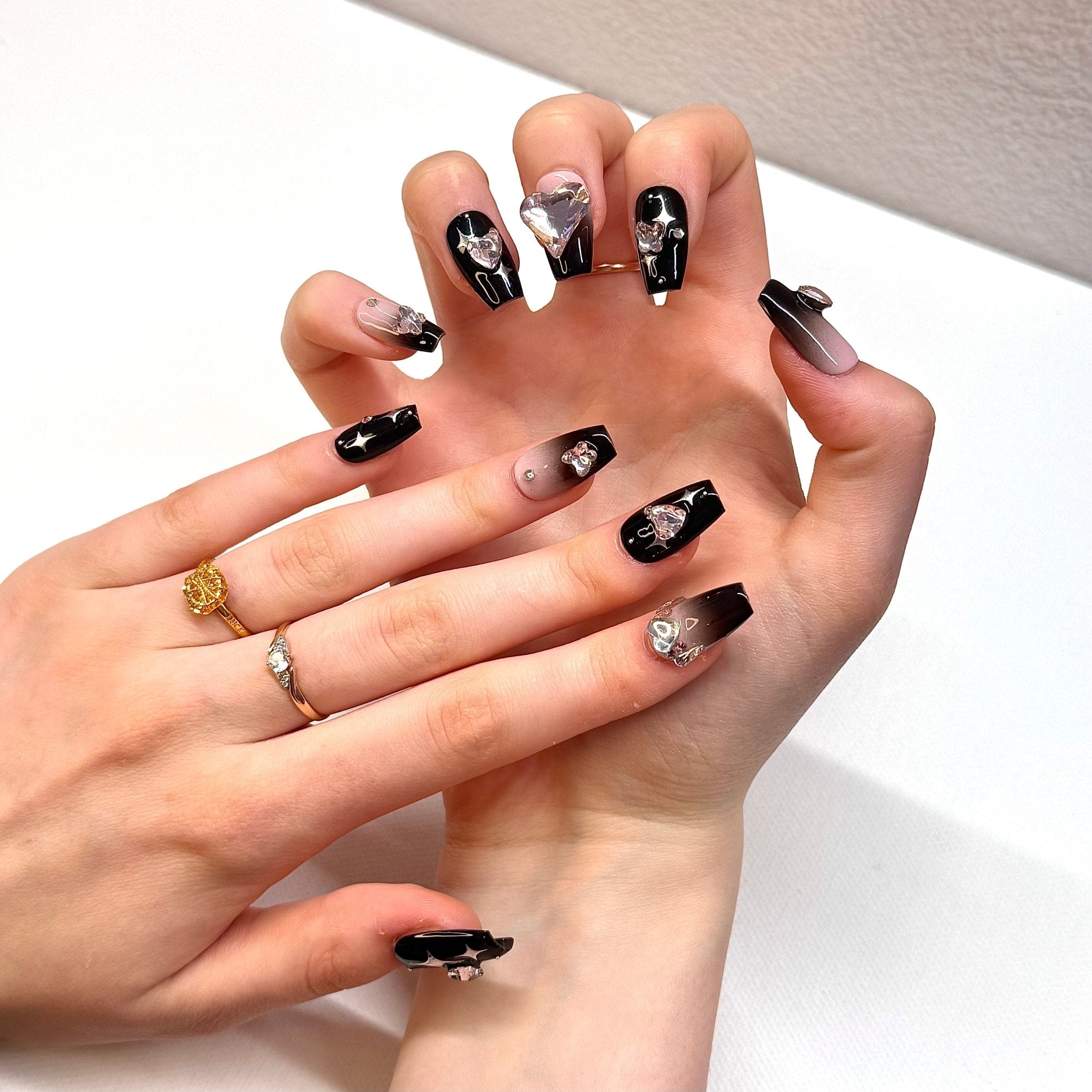 Black&Pink - Heart Diamond (Coffin) | Press - on Nails by Clawsie