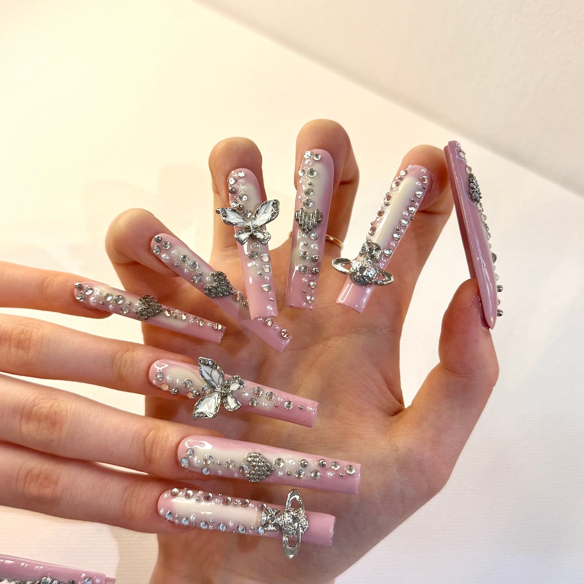 C - 047 - Pink Mist Galaxy (3XL Square) | Press - on Nails by Clawsie