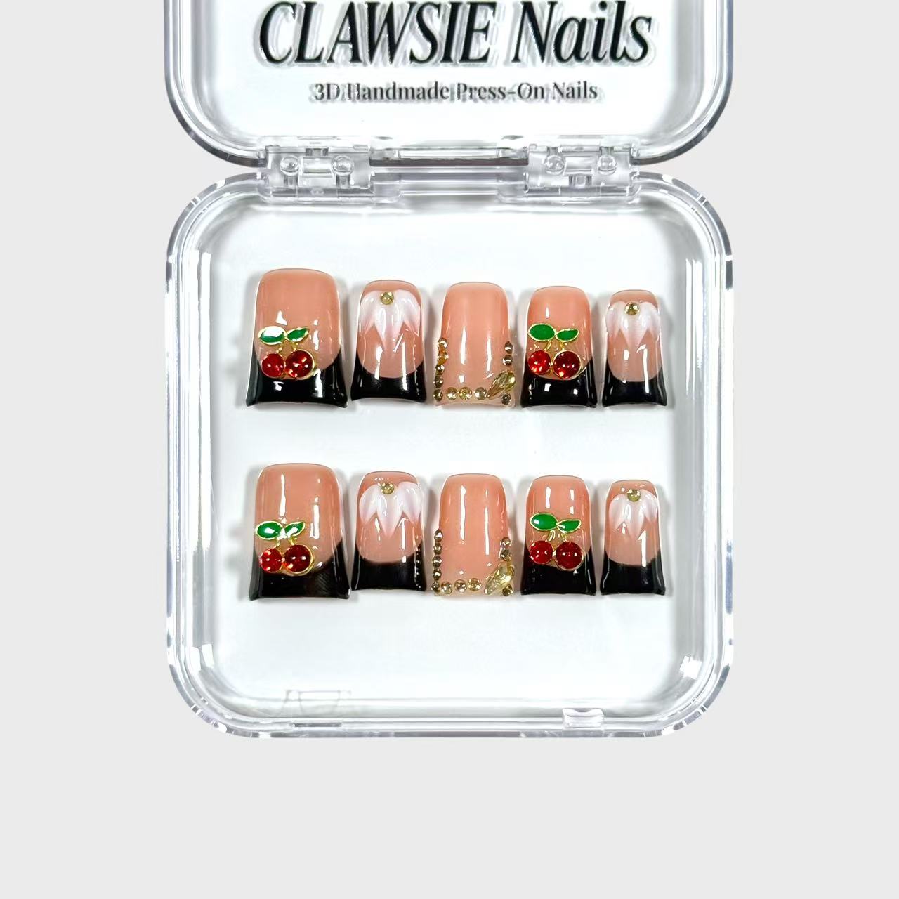 CLAWSIE 3D Handmade Press-On Nails with cherry design, black French tips and rhinestones