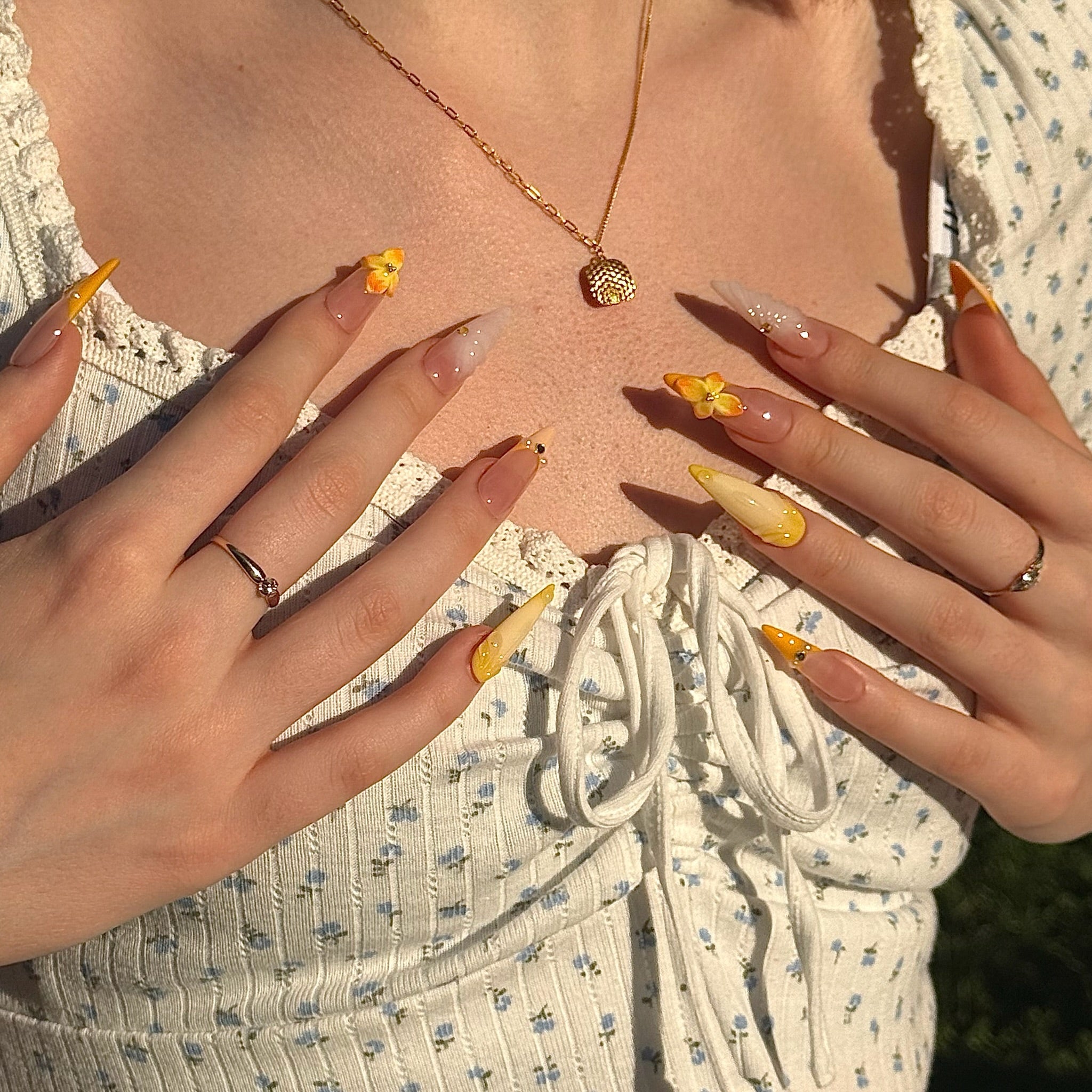 Golden Bloom (Long - Almond) | Press - on Nails by CLAWSIE