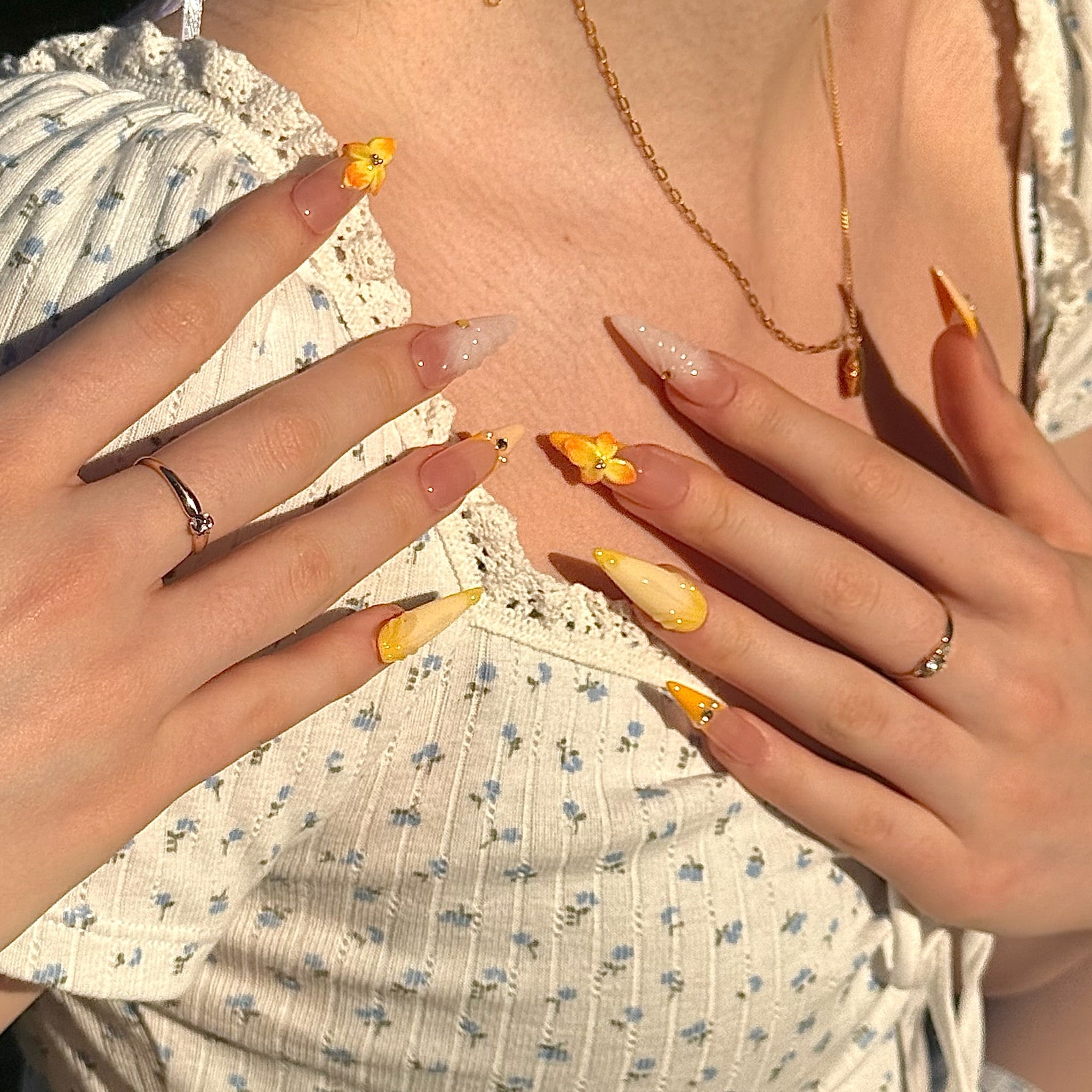 Golden Bloom (Long - Almond) | Press - on Nails by CLAWSIE