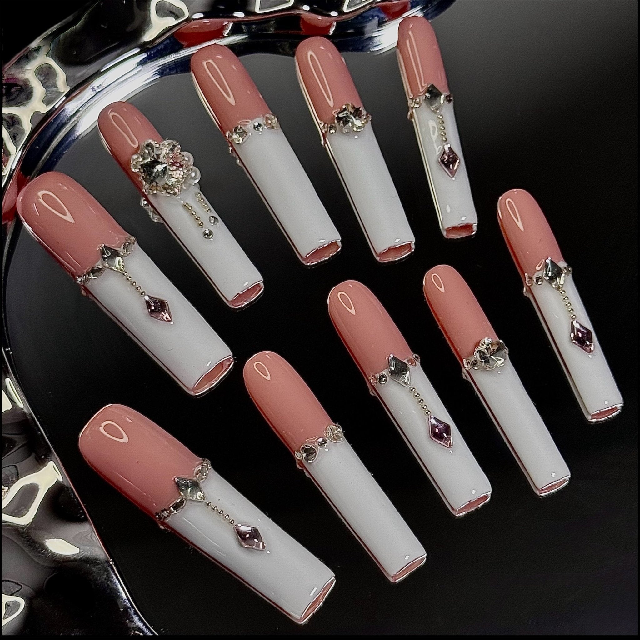Pink White Crystal (3XL - Square) | Press - on Nails by CLAWSIE