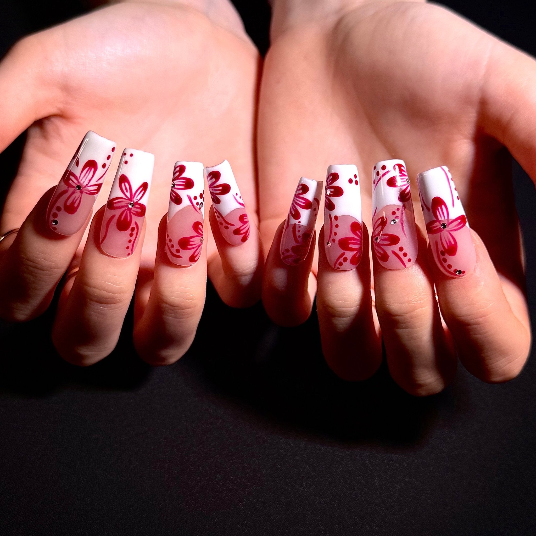 Red Cherry Blossoms (Square) | Press - on Nails by CLAWSIE