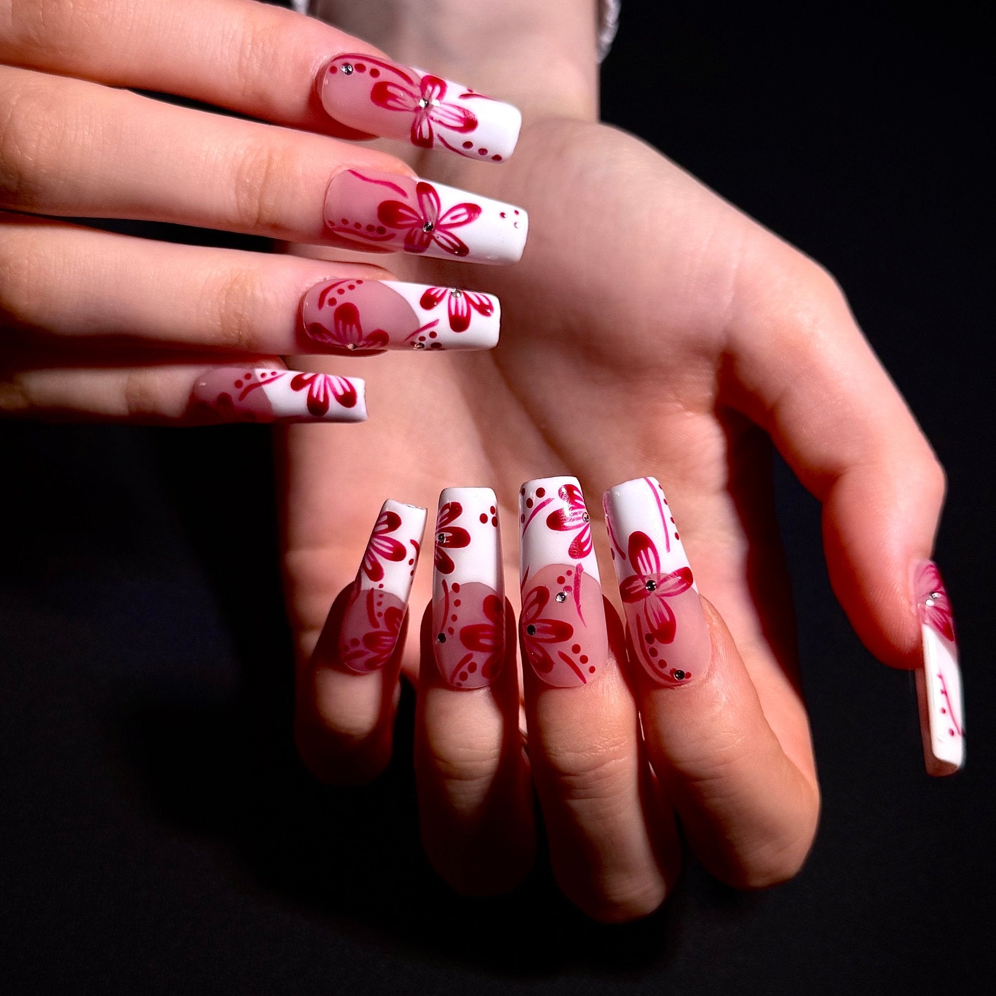 Red Cherry Blossoms (Square) | Press - on Nails by CLAWSIE