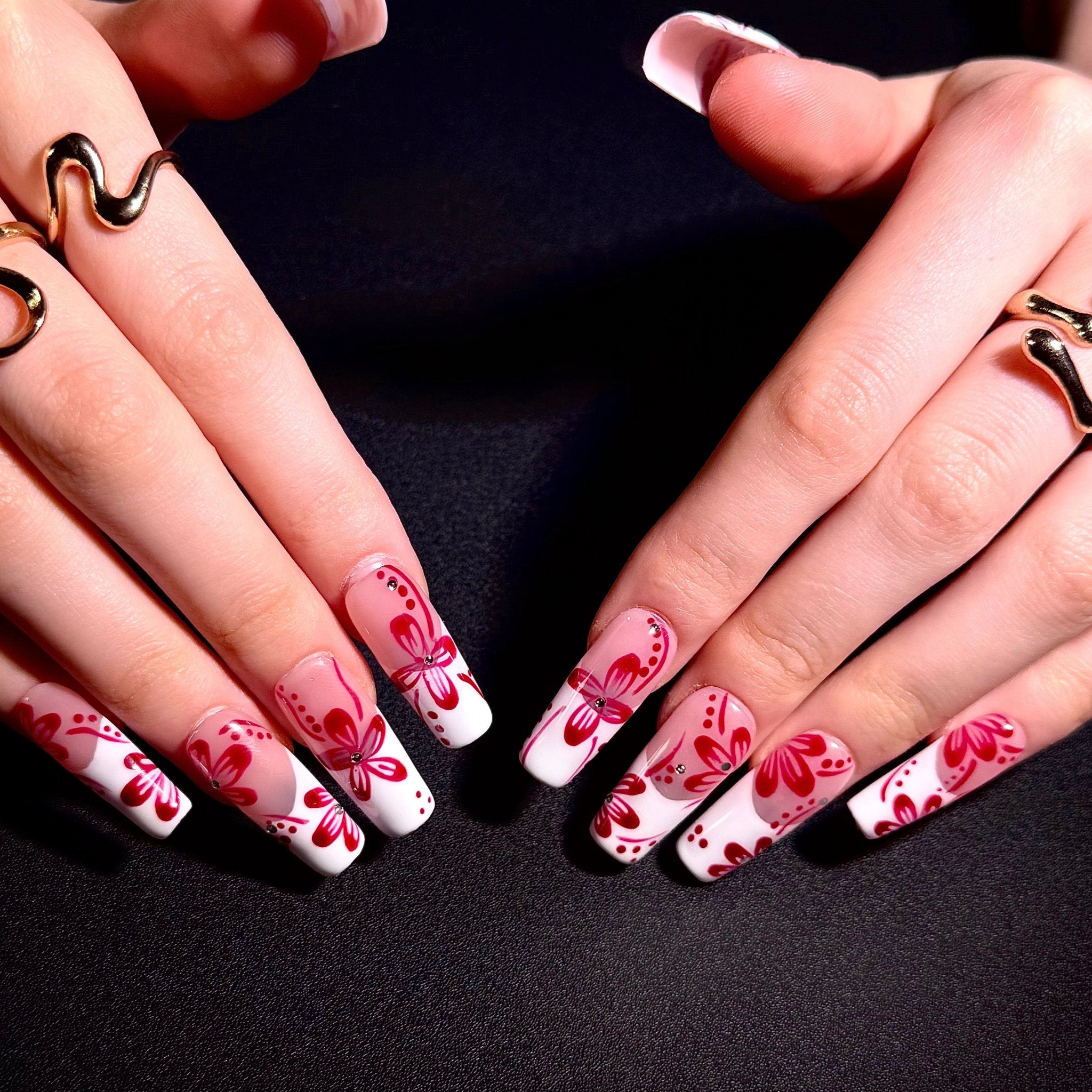 Red Cherry Blossoms (Square) | Press - on Nails by CLAWSIE