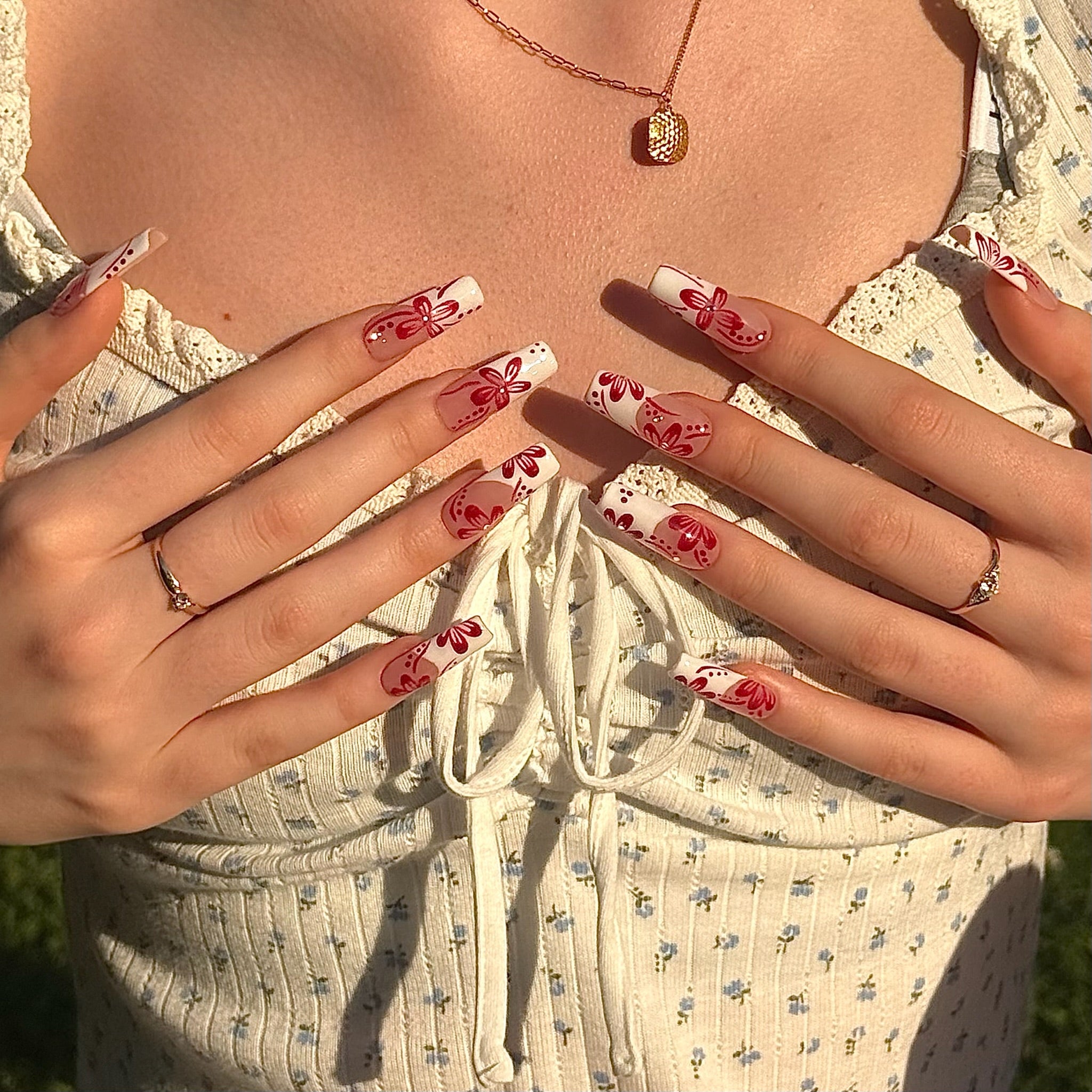 Red Cherry Blossoms (Square) | Press - on Nails by CLAWSIE