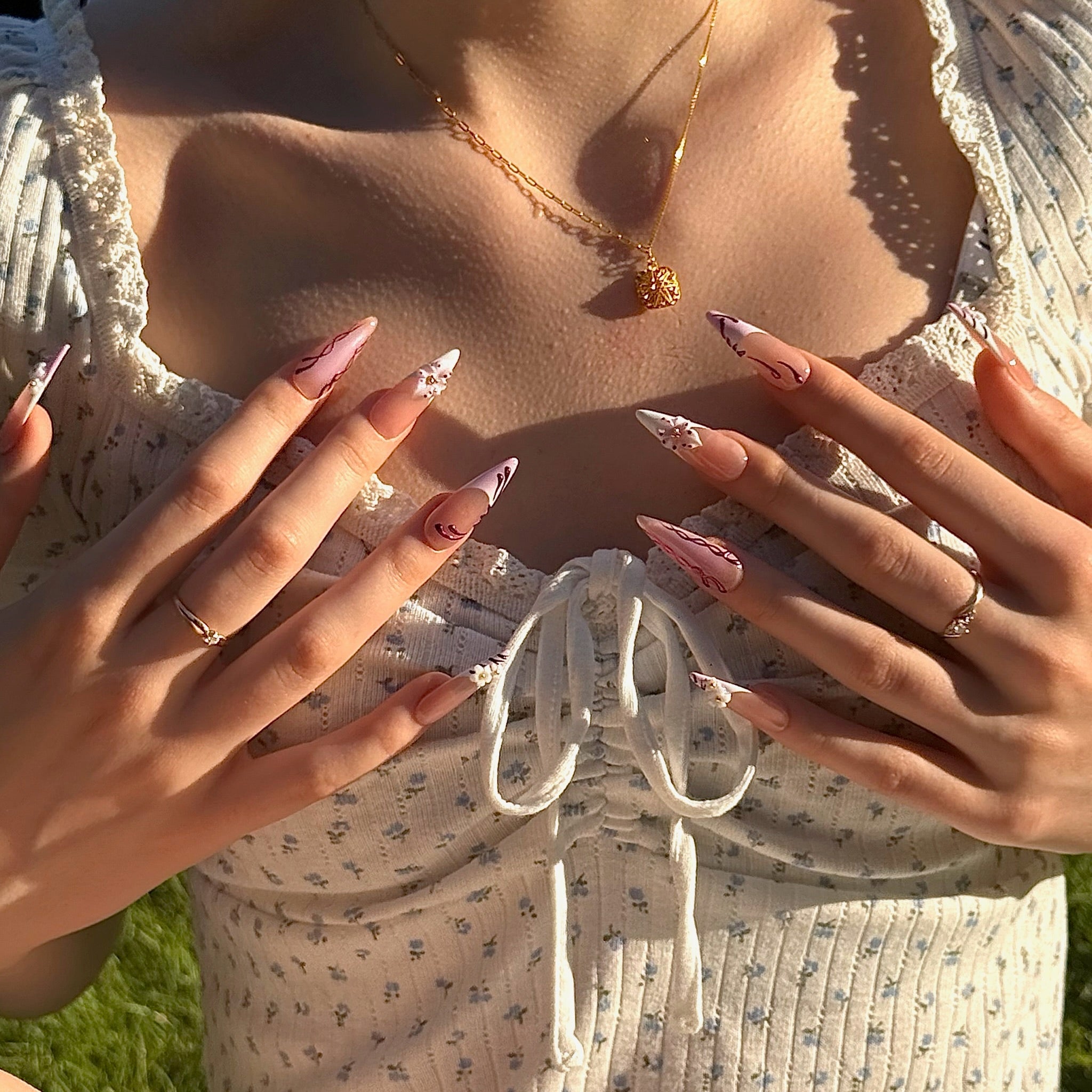 Sakura Lines (Long - Almond) | Press - on Nails by CLAWSIE